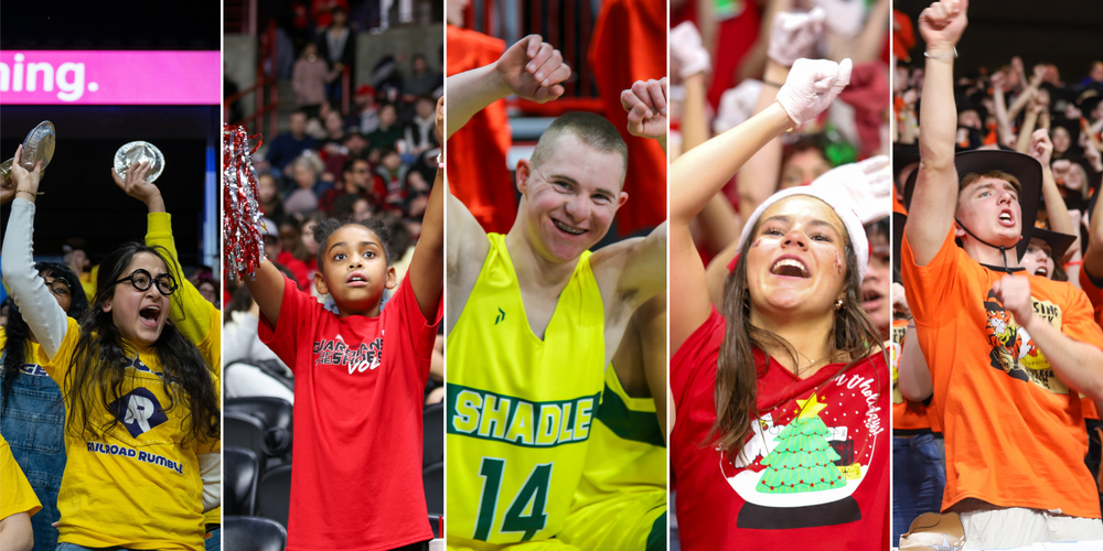 Collage of five students cheering at high school spirit games.