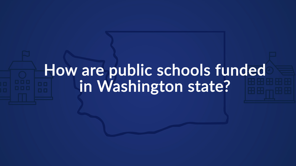 Blue graphic of Washington state and schools with a question about public school funding.