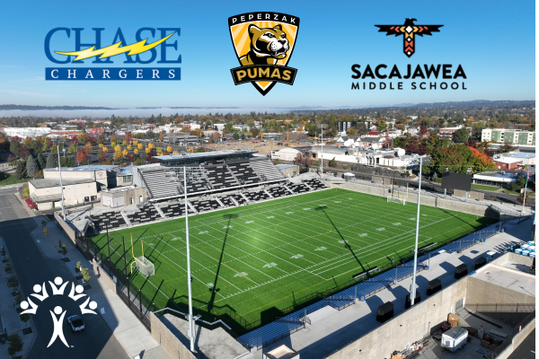 Chase, Peperzak and Sacajawea logos above aerial of ONE Spokane Stadium