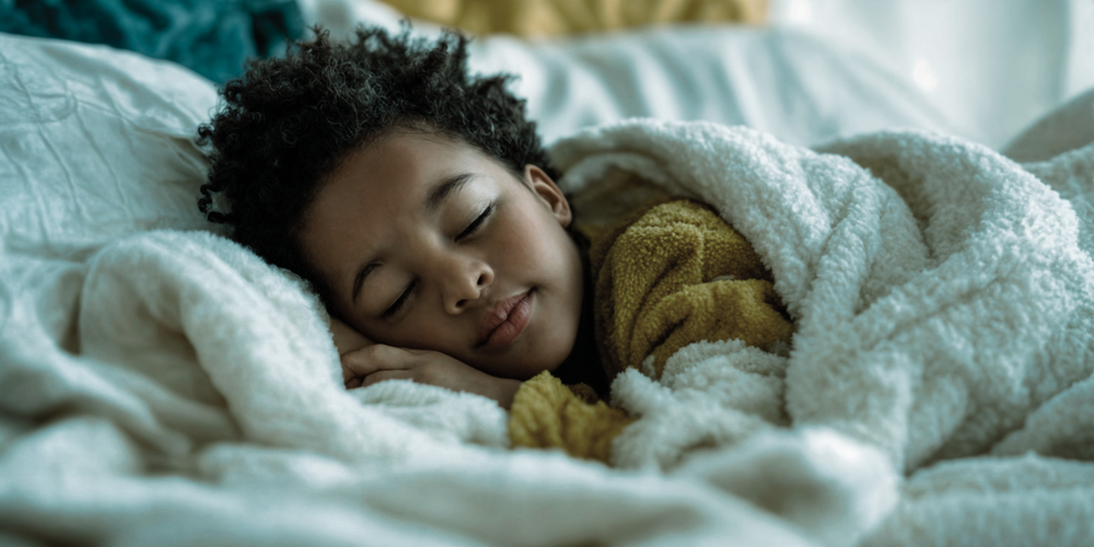 A child with curly hair sleeps in a warm bed in a dark room.