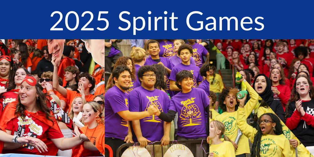 Collage of five photos of high school students wearing their school colors – red, orange, purple, yellow and black – and cheering in the stands of an arena for a basketball game. Accompanying text is 2025 Spirit Games.