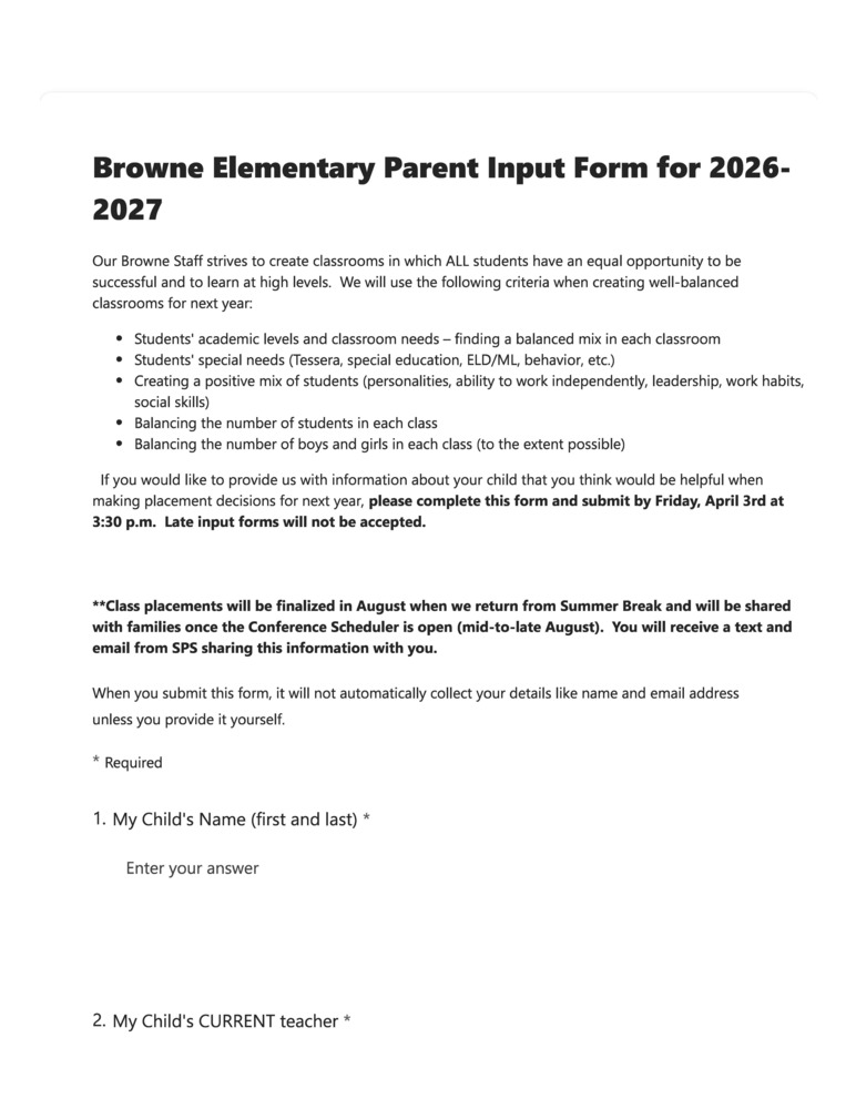 Parent Input Form