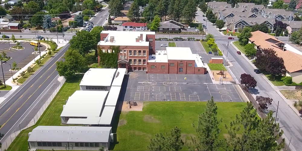 An aerial view of the current Adams Elementary School.