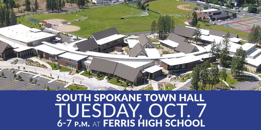 A view of Ferris High School with information about a Town Hall on Tuesday, Oct. 7, 6–7 PM. 