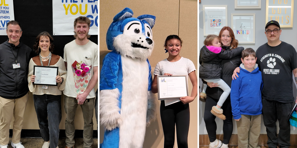 Collage of two staff members and a student receiving awards; the student is will a Timberwolf mascot.