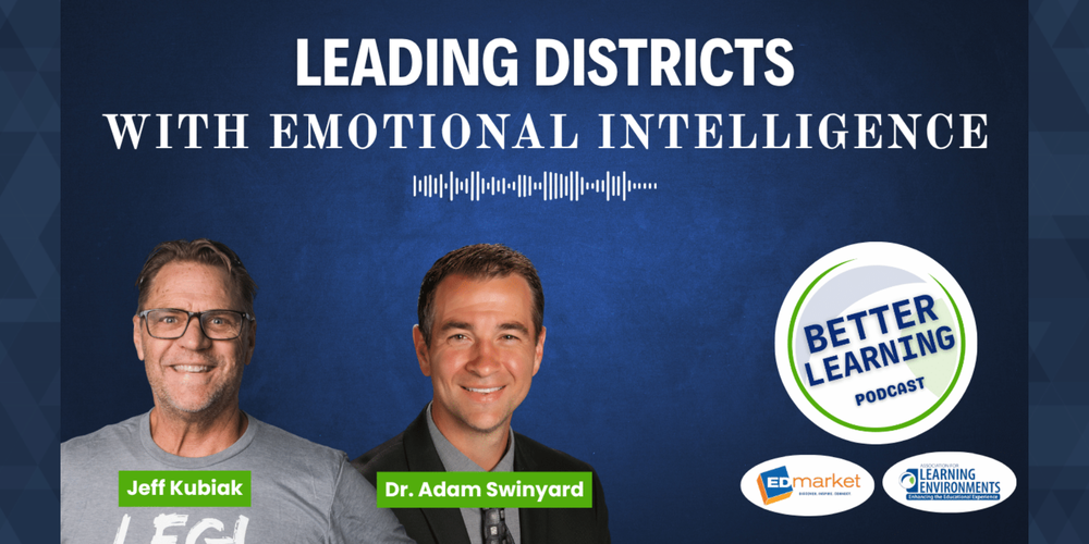 Graphic with Jeff Kubiak and Dr. Adam Swinyard for a podcast about Leading Districts with Emotional Intelligence on the Better Learning podcast.