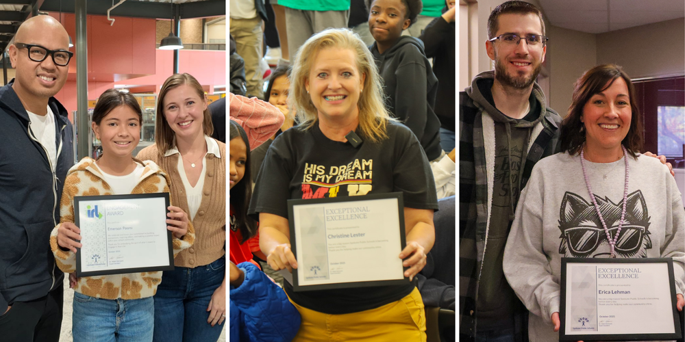 Collage of photos of two staff members and a student holding an award.
