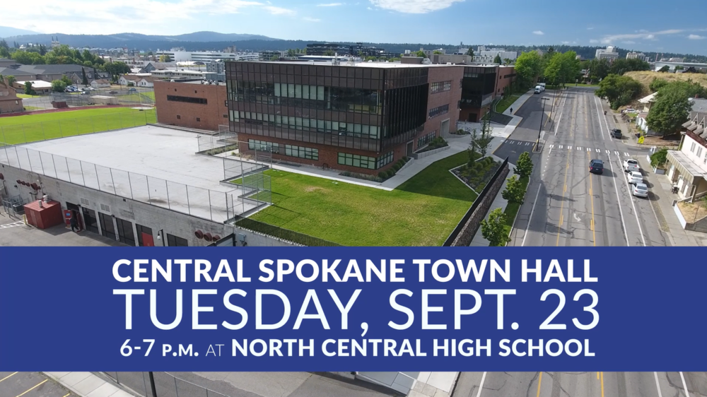 View of North Central High School with information about a town hall on Tuesday, Sept. 23, 6-7 PM, at North Central High School.