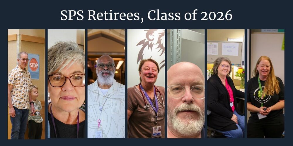 A collage that includes images of seven people under the words "SPS Retirees, Class of 2026."