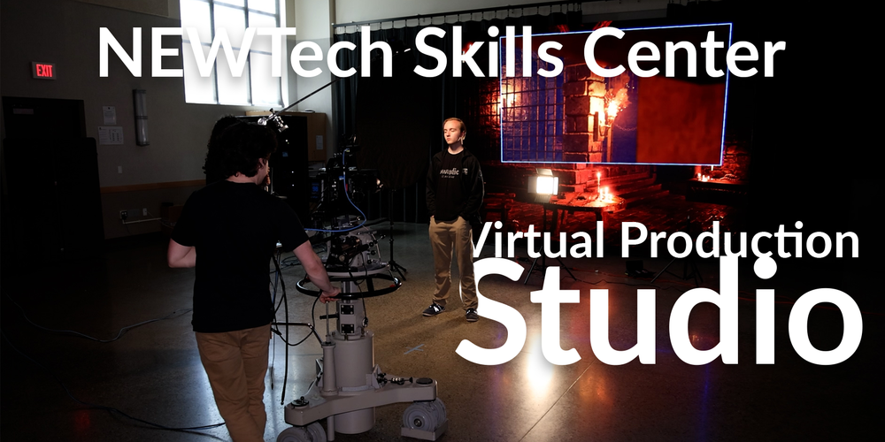 A person operates a camera in a studio setting while another stands in front of a large screen showing a fiery scene. Text overlay reads 'NEWTech Skills Center Virtual Production Studio.