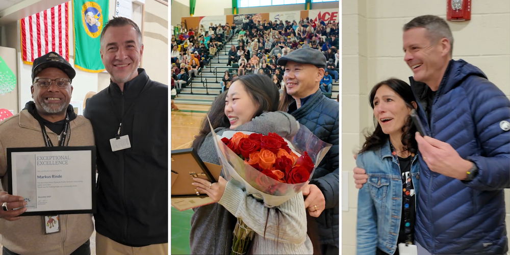 Collage of two staff members and a student receiving awards.