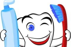 smiling tooth, toothbrush & toothpaste