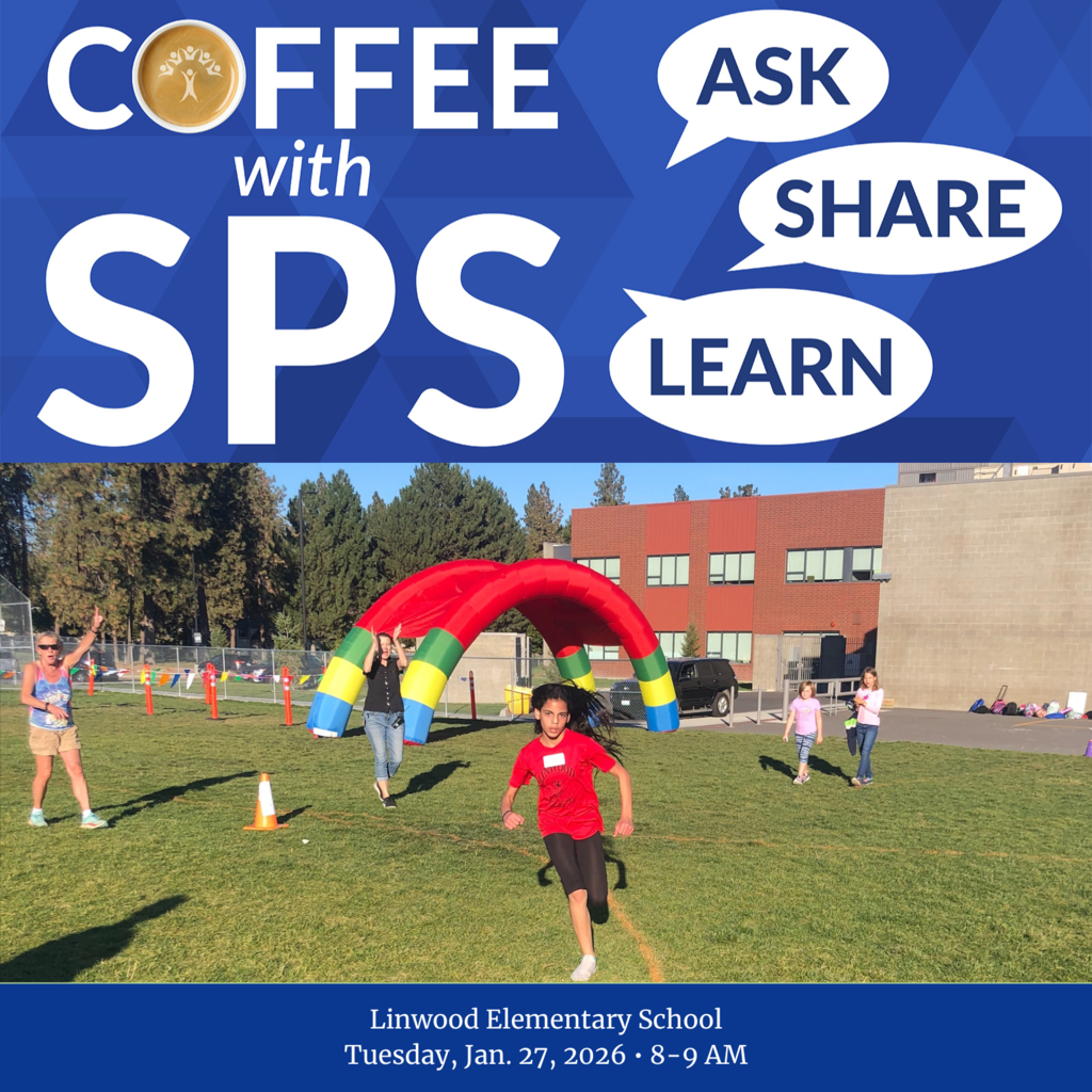 Students run a cross country meet with a balloon arch finish line outside their school with the text Coffee with SPS, Ask, Share, Learn, Linwood elementary School, Tuesday, Jan. 27, 2026, 8-9 AM.