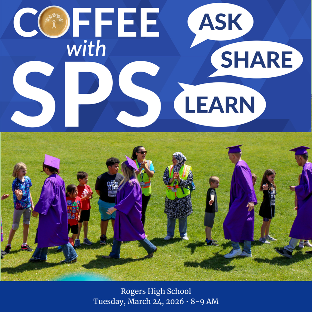 Rogers High School graduates in purple graduation caps and gowns receive high fives on a field with the text Coffee with SPS, Ask, Share, Learn, Rogers High School, Tuesday, March 24, 2026, 8-9 AM