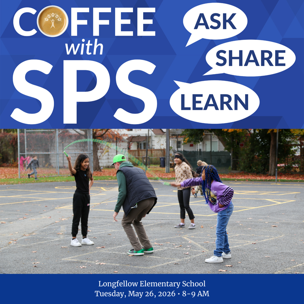 Students and adults jump rope on an elementary school blacktop with the text Coffee with SPS, Ask, Share, Learn, Longfellow Elementary School, Tuesday, May 26, 2026, 8-9 AM.