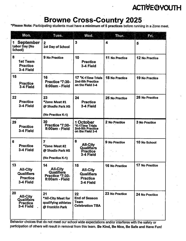 Cross Country Schedule