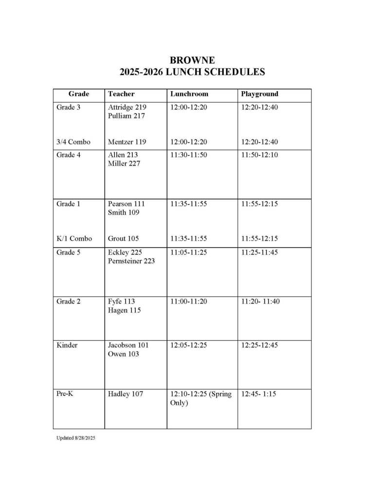 Browne Lunch Schedule