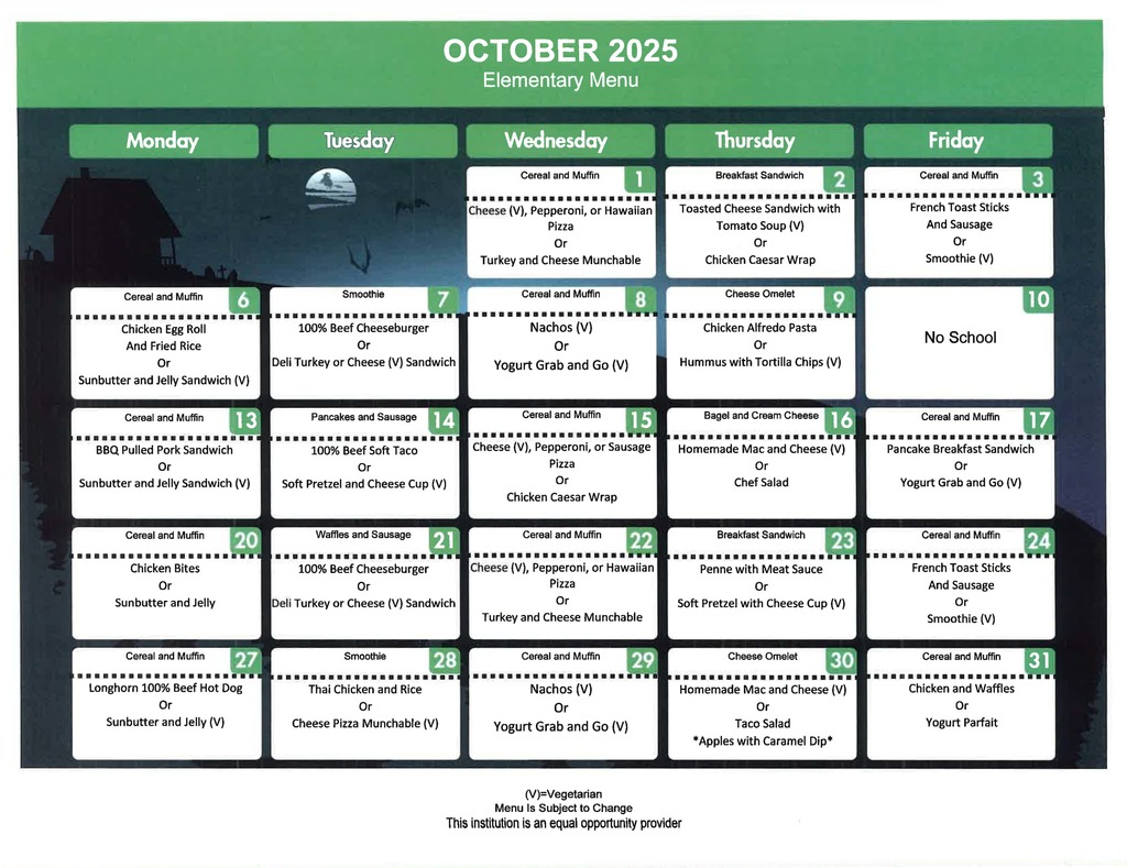 October Elementary Breakfast & Lunch Menu 