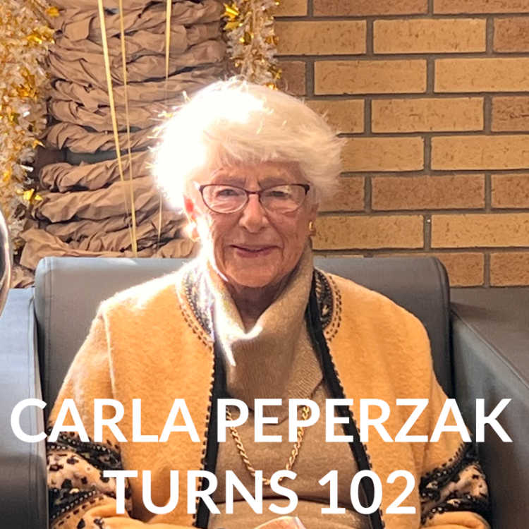 Carla Peperzak smiles. Text reads Carla Peperzak turns 102.