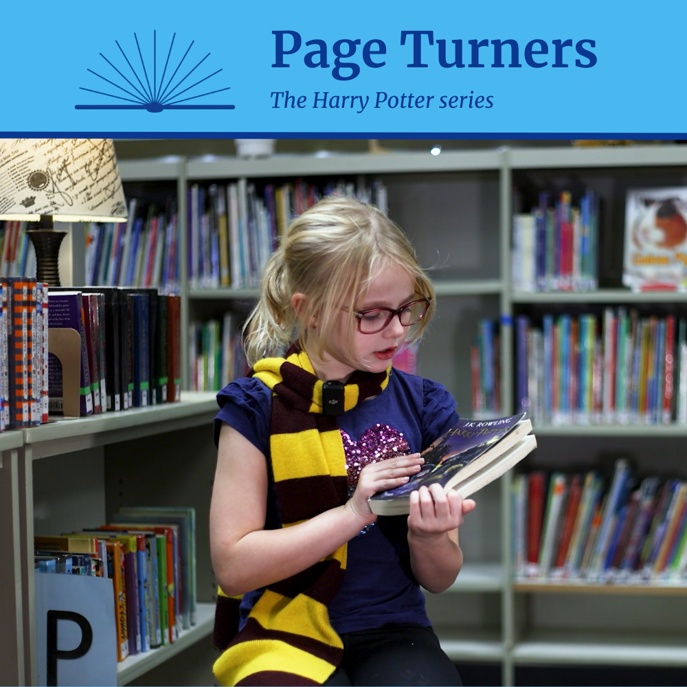 A girl wearing a black and yellow scarf sitting in a library holds a book with the text "Page Turners: The Harry Potter series."