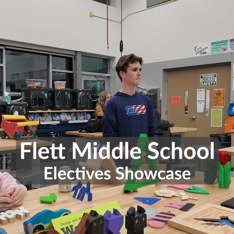 Flett Middle School students display pieces created in a woodworking class for an Electives Showcase.