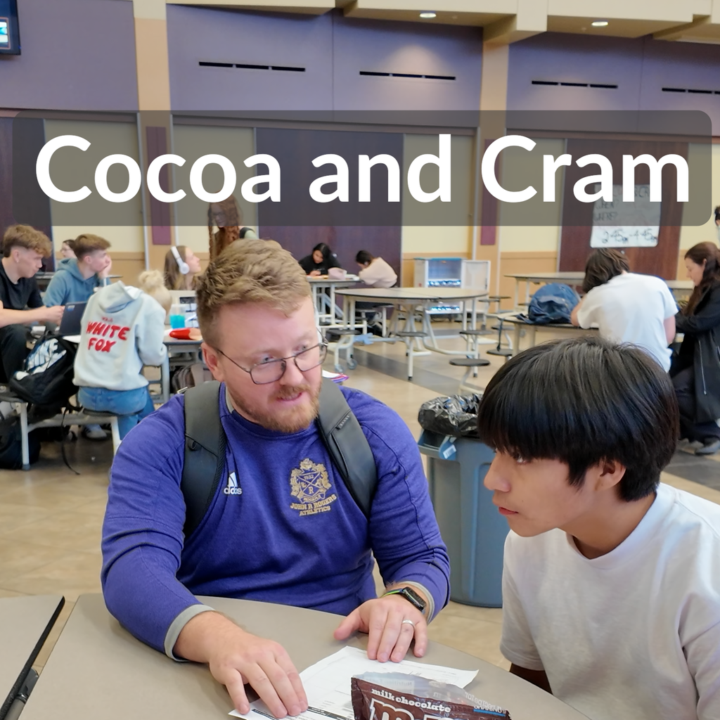 Rogers High School staff help students study in a graphic with the text Cocoa and Cram