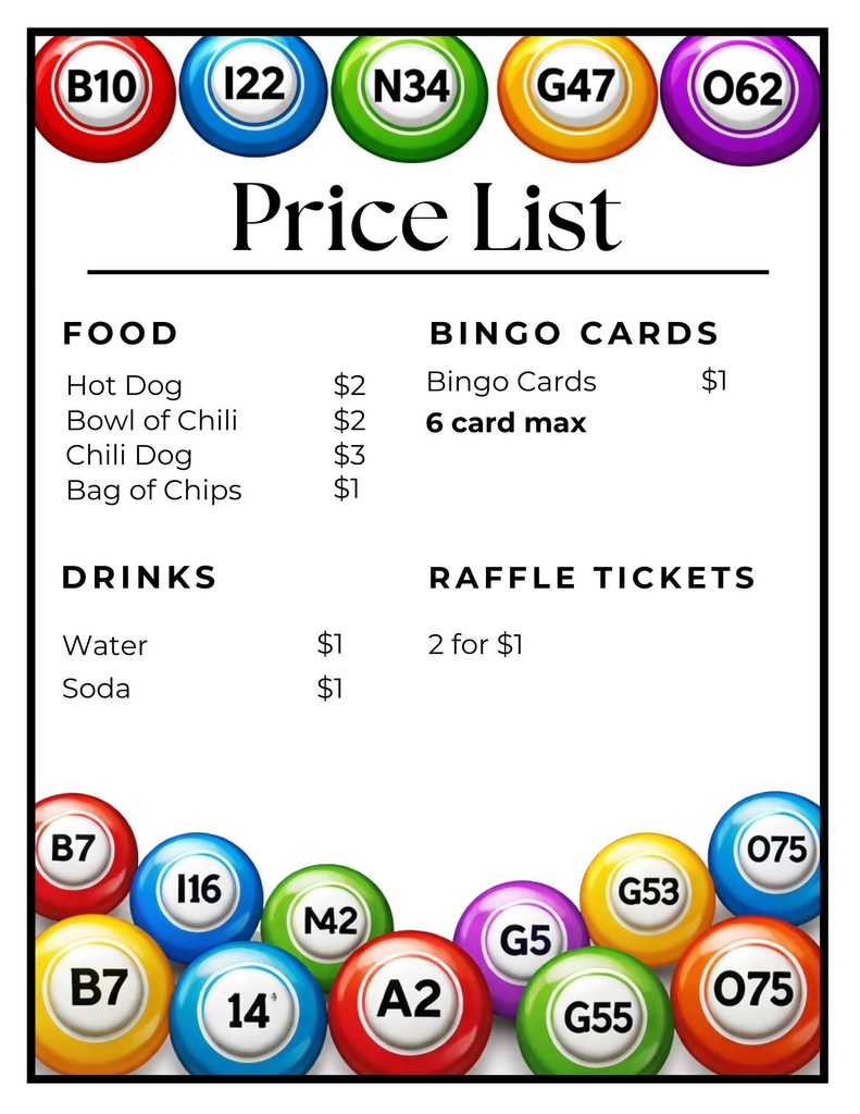Chili Bingo Price List with colored bingo balls