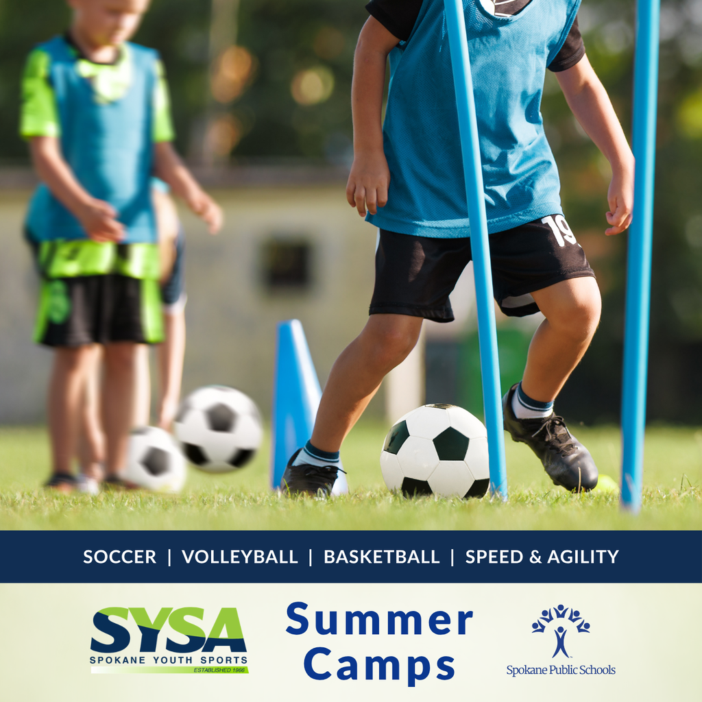 Children running soccer drills; text highlights SYSA Summer Camps in soccer, volleyball, basketball and speed & agility with Spokane Public Schools.