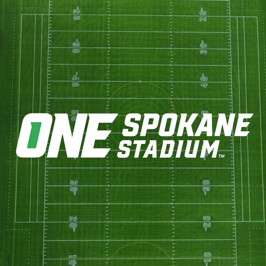 Overhead of a football field with logo of ONE Spokane Stadium