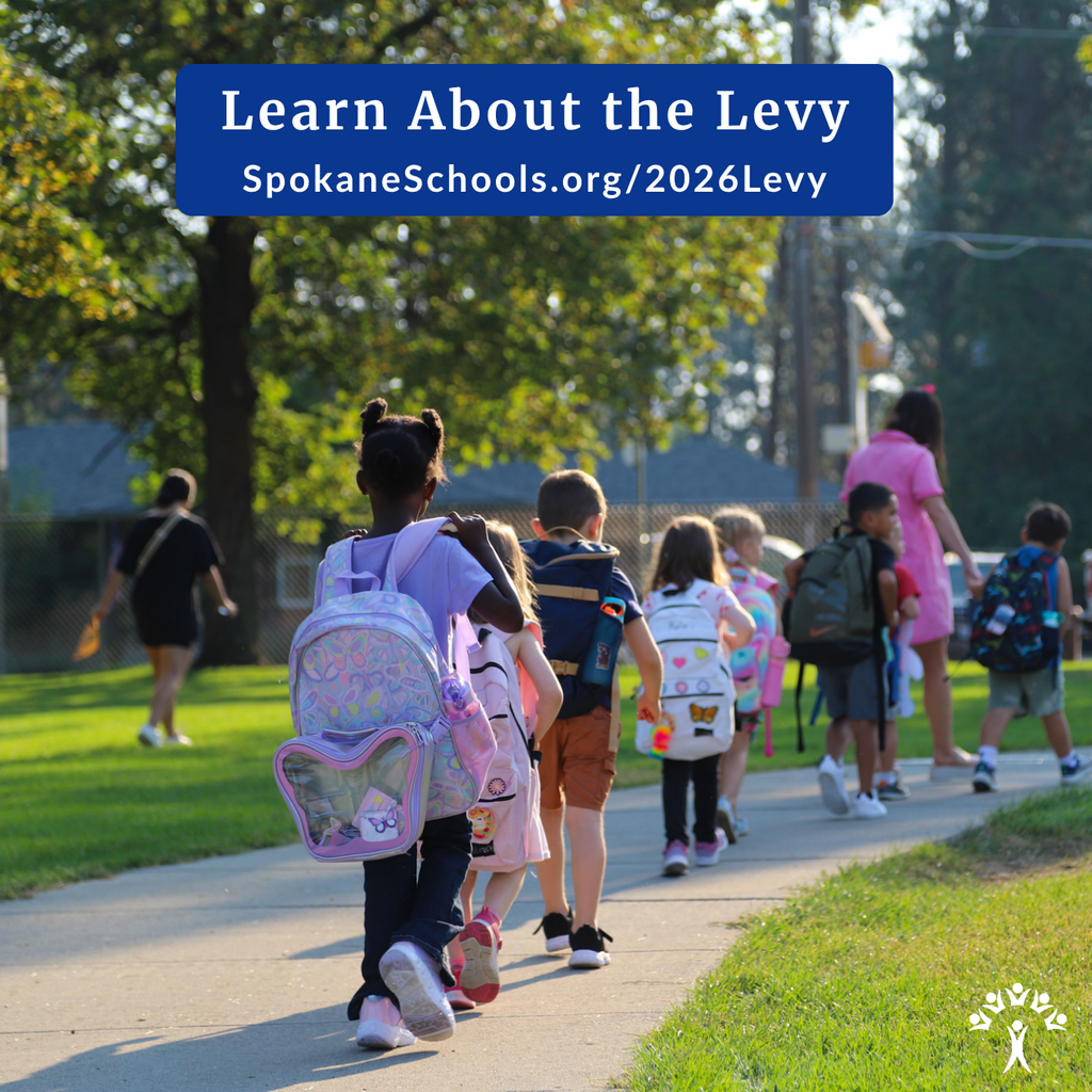 Elementary students follow a teacher into school. Text is "Learn About the Levy, SpokaneSchools.org/2026Levy."