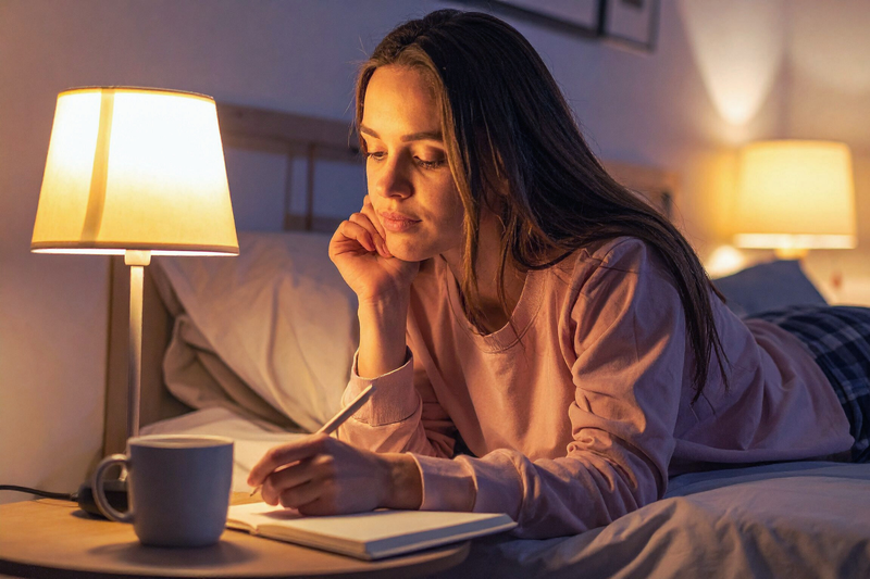 A teenager writes in a paper journal in a dimly lit bedroom.