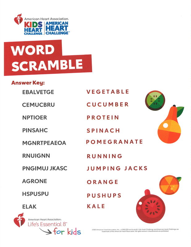 Kids Heart Challenge Word Scramble Answer Key