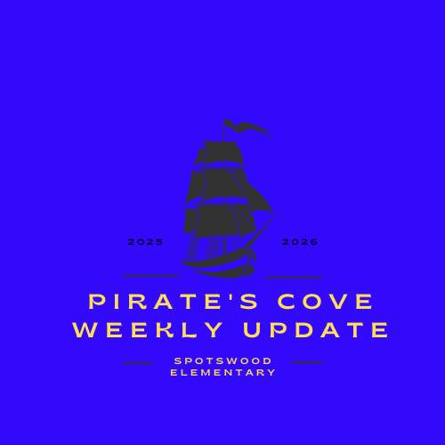 A school logo centered on a solid blue background. At the top-center is a black silhouette of a classic three-masted tall ship with sails. Flanking the ship are the dates in black sans-serif text: "2025" to the left and "2026" to the right. Below the ship, in large, bold, gold/yellow sans-serif uppercase letters, are the words "PIRATE'S COVE". Below that, in the same gold/yellow text, is the line "WEEKLY UPDATE". Below that is a small black horizontal rule, and then smaller gold/yellow text that reads "SPOTSWOOD ELEMENTARY". The overall composition is balanced and centered.