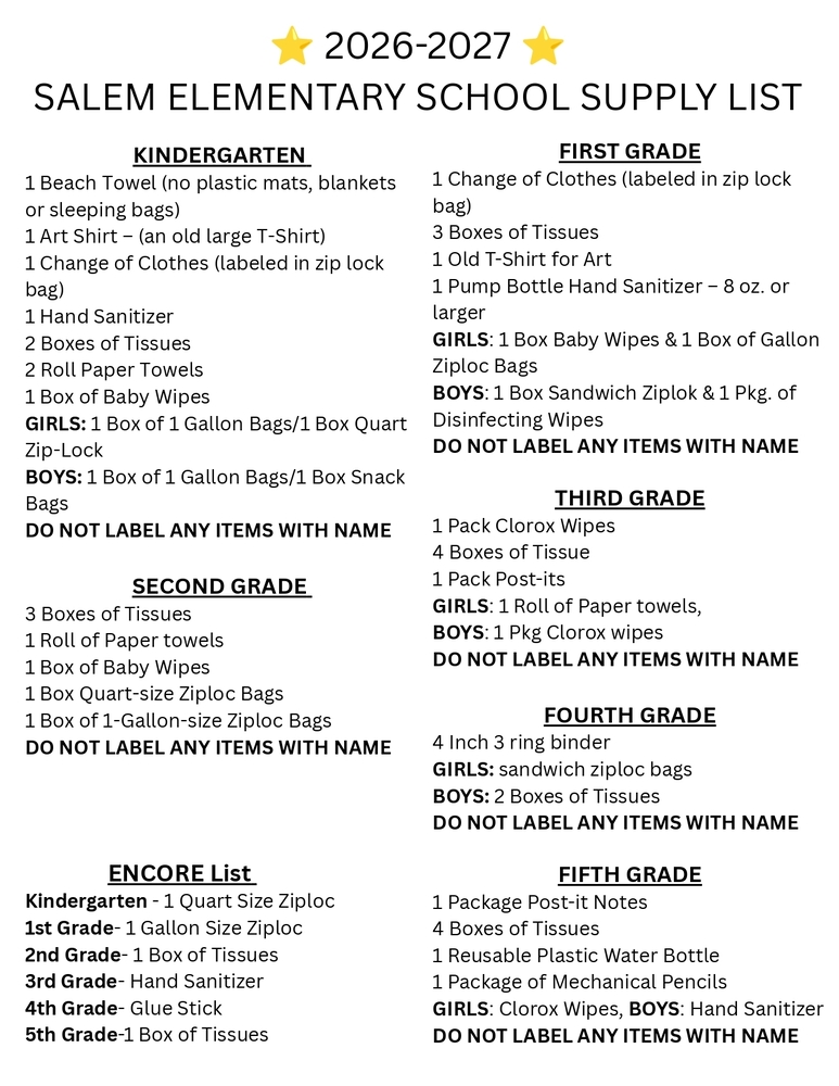 Picture of the Salem K-5 School Supply List which includes everything the students will need