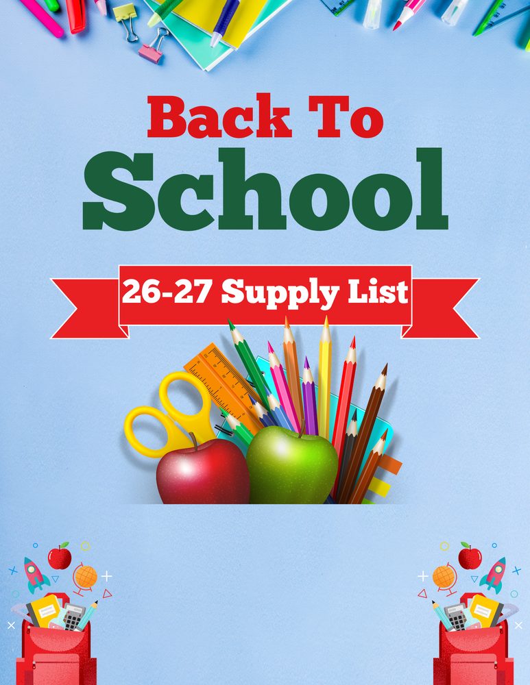 Graphic promoting the 2026–2027 Back to School Supply List with school supplies