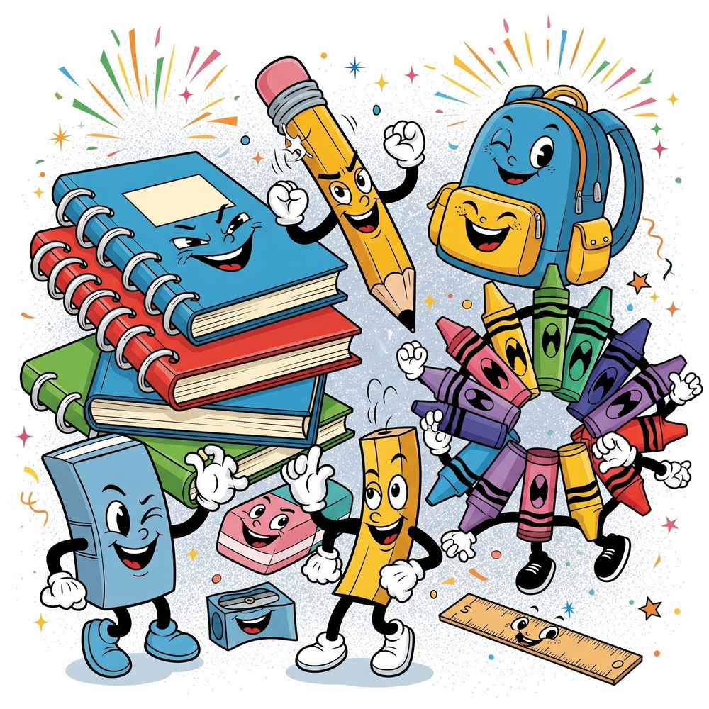 Image of cartoon school supplies