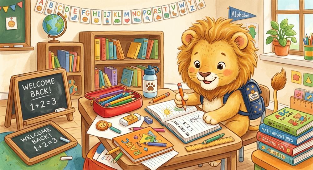 Lion using school supplies