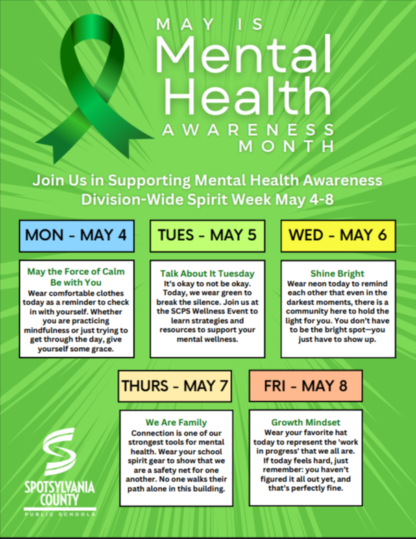 Information for Mental Health Spirit Week  from May 4th to May 8th.