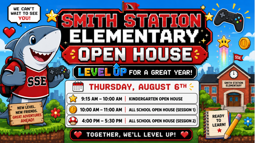 Information about SSES open house on Thursday August 6th. Shark at the school - leveling up for a great year