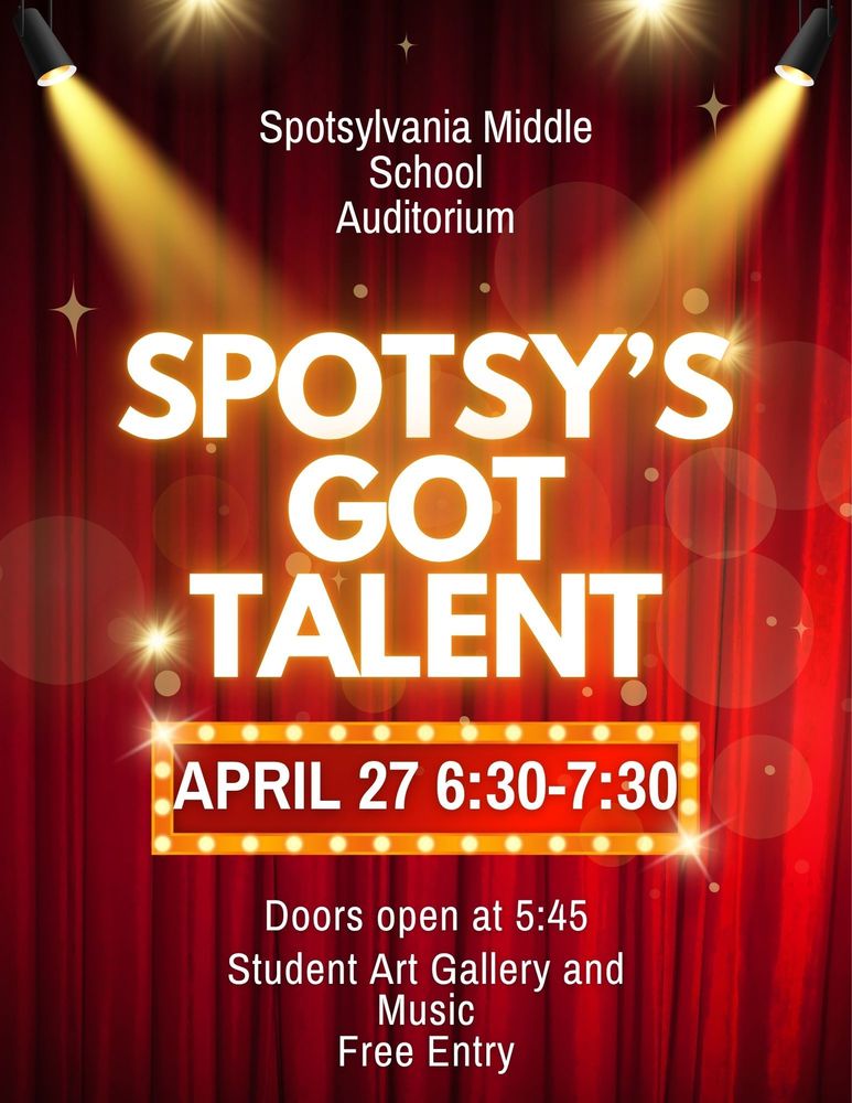 Two Spotlights shine on red curtain with information for talent show in marquee lights