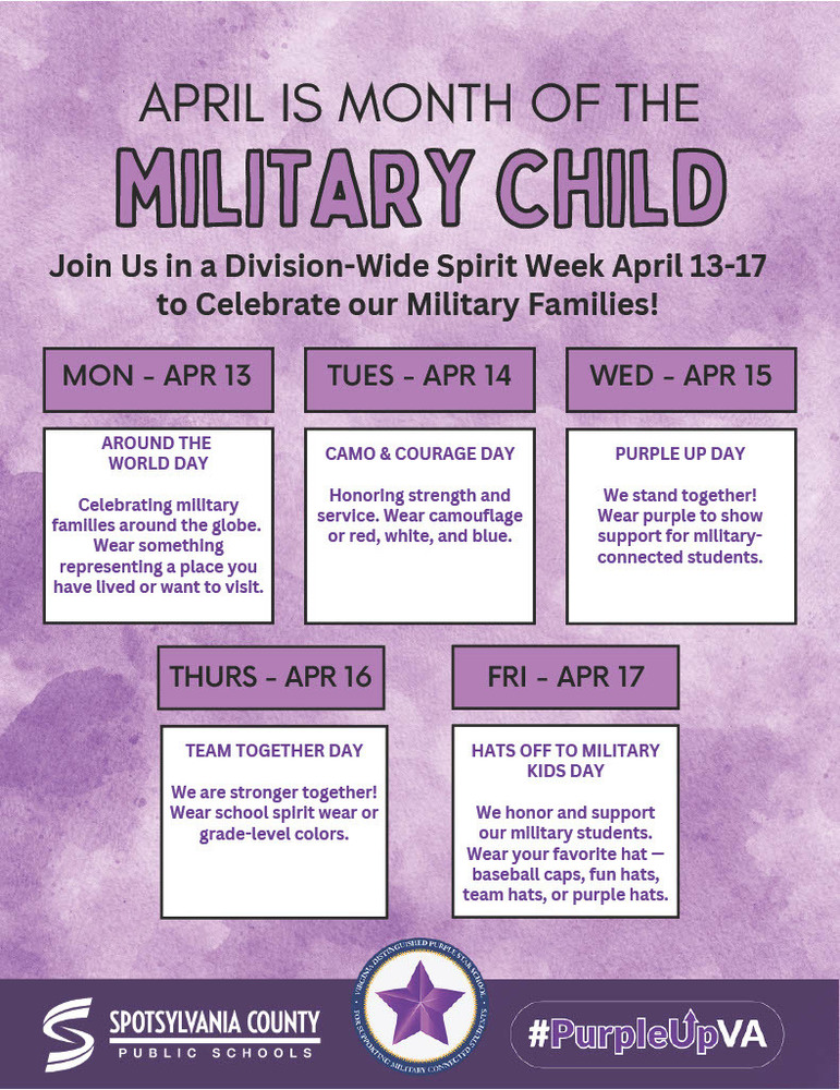 Military Child Month Spirit Week information.  Tells about what  students can wear to celebrate each day for the spirit week. 