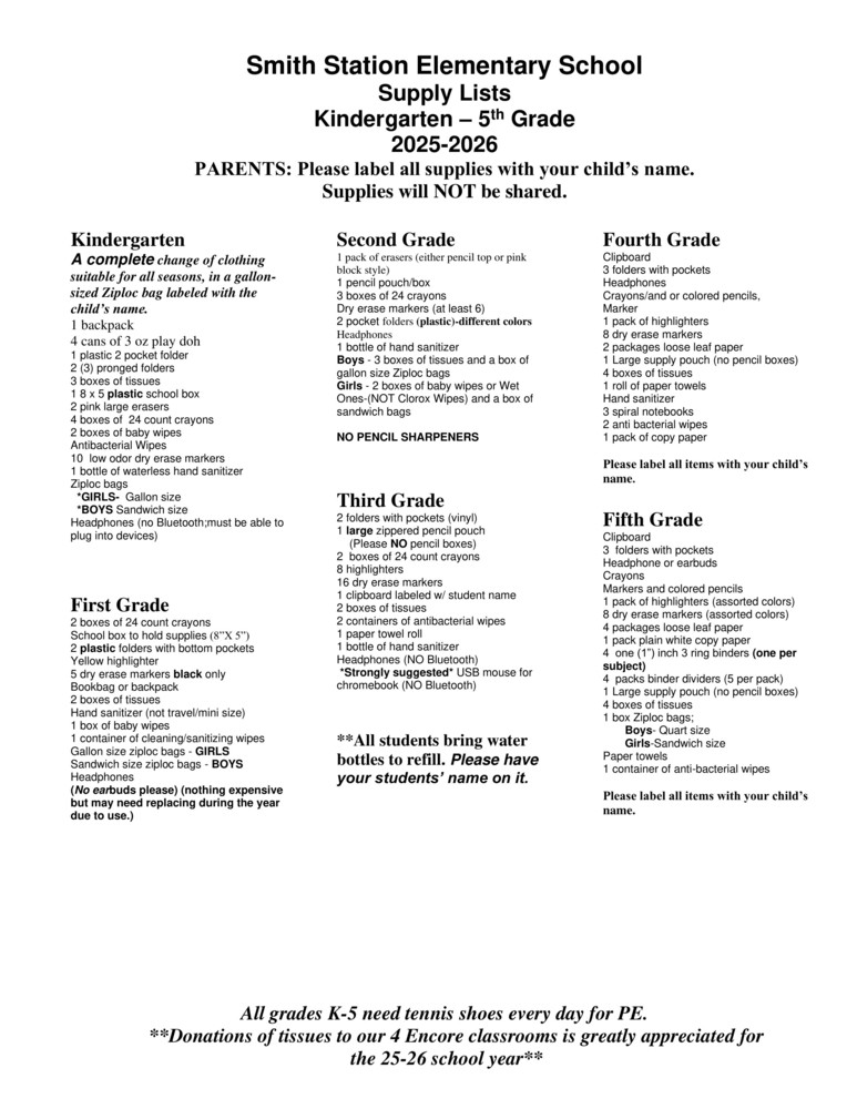 school supply list for Smith Station for 2025-26 school year
