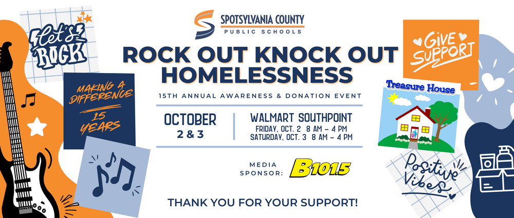 A flyer for the 15th annual awareness & donation event for Rock out Knock out homelessness on October 2 and 3, 8am - 4pm at the walmart southpoint