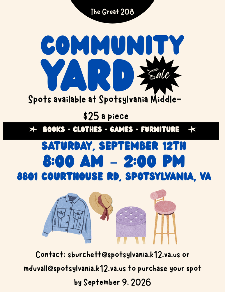 Flyer for community yard sale with an image of a jean jacket, hat, purple chair and bar stool