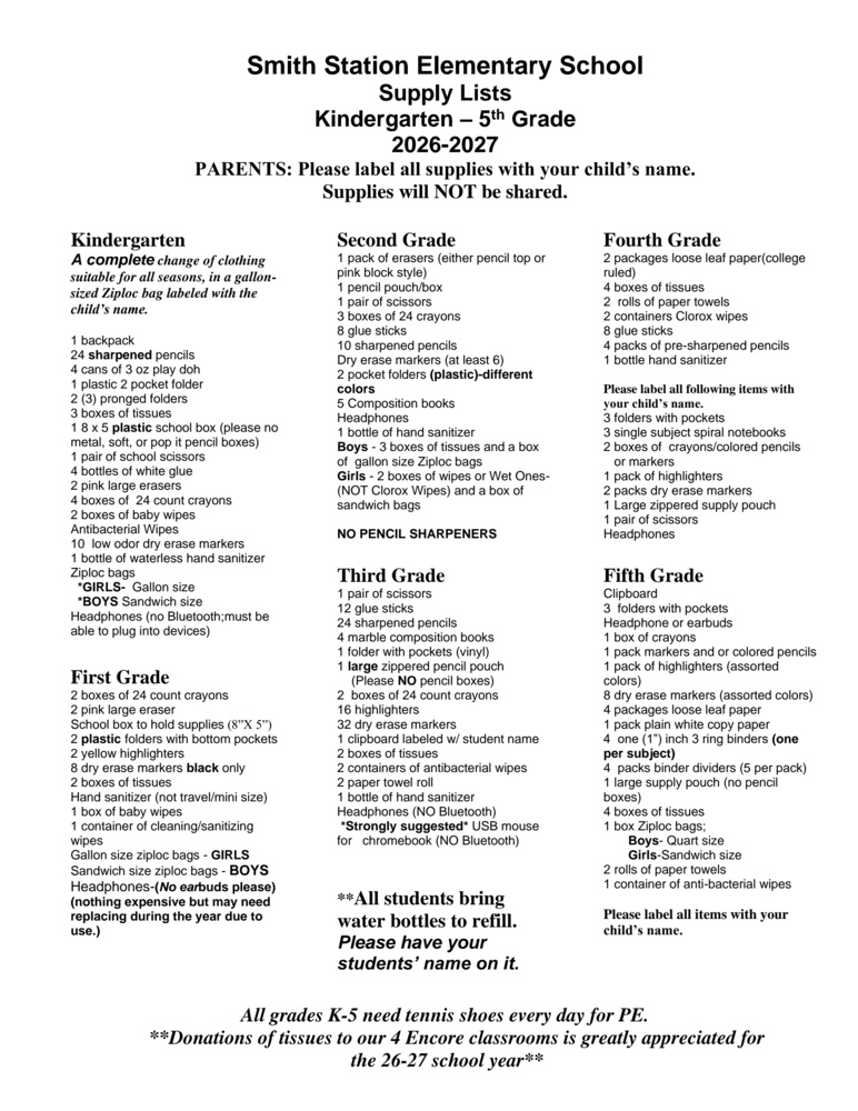 list of school supplies needed for grades K-5