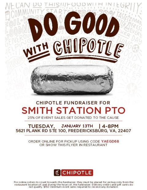 Chipotle PTO Spirit night on January 13 from 4-8
