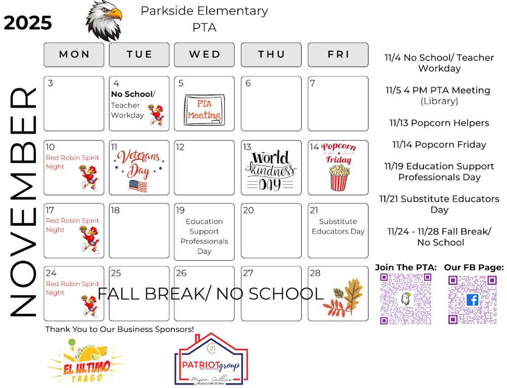 PES PTA Nov Calendar of Events