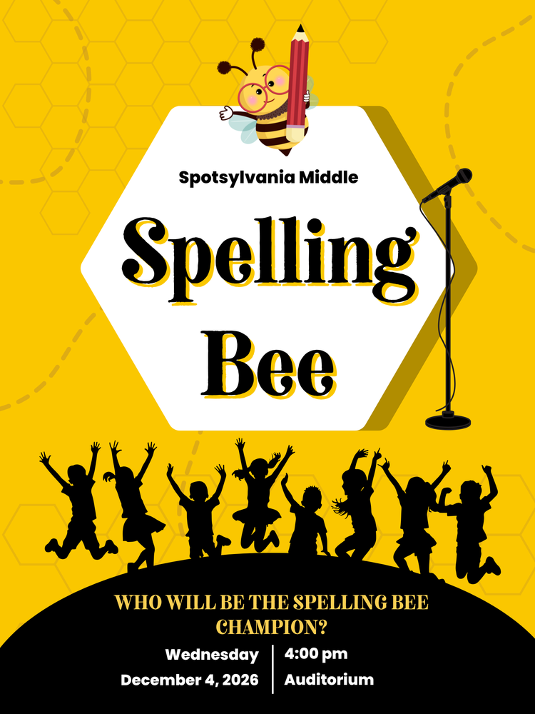 A bee is holding a pencil and students are jumping up above the details for the spelling bee