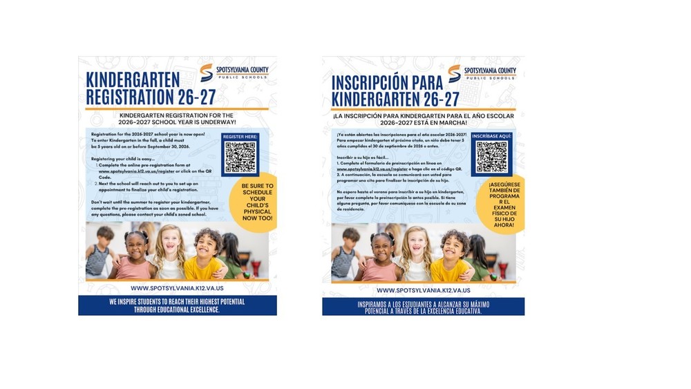 flyers that explain about Kindergarten registration for the 2026-2027 school year.- flyers are in English and in Spanish