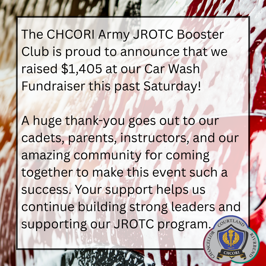Thank you for raising $1,405 at CHCORI Army JROTC Car Wash Fundraiser